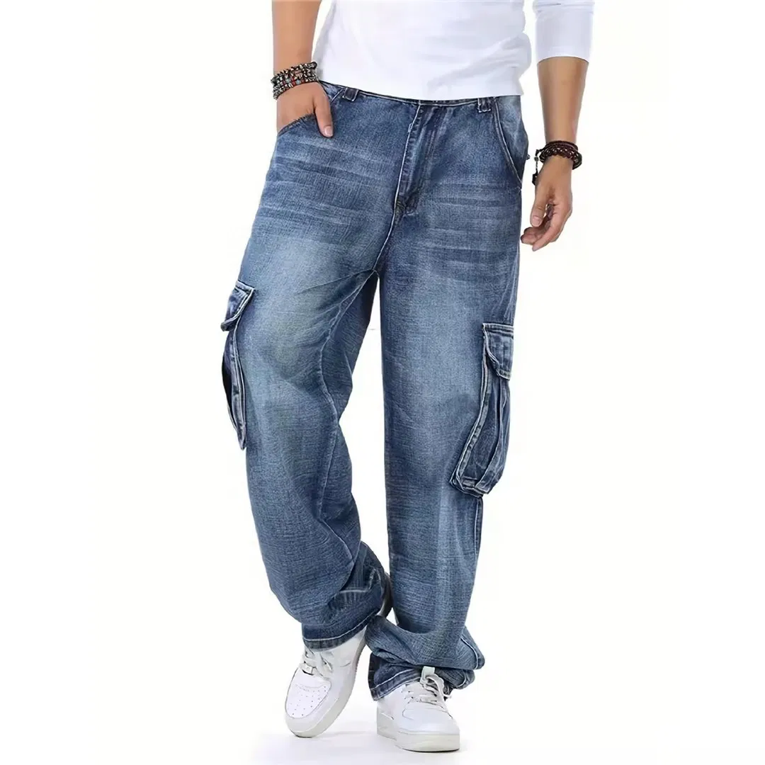 Calças de Trabalho Jeans de Hip Hop Casuais Masculinas Largas com Bolsos Cargo