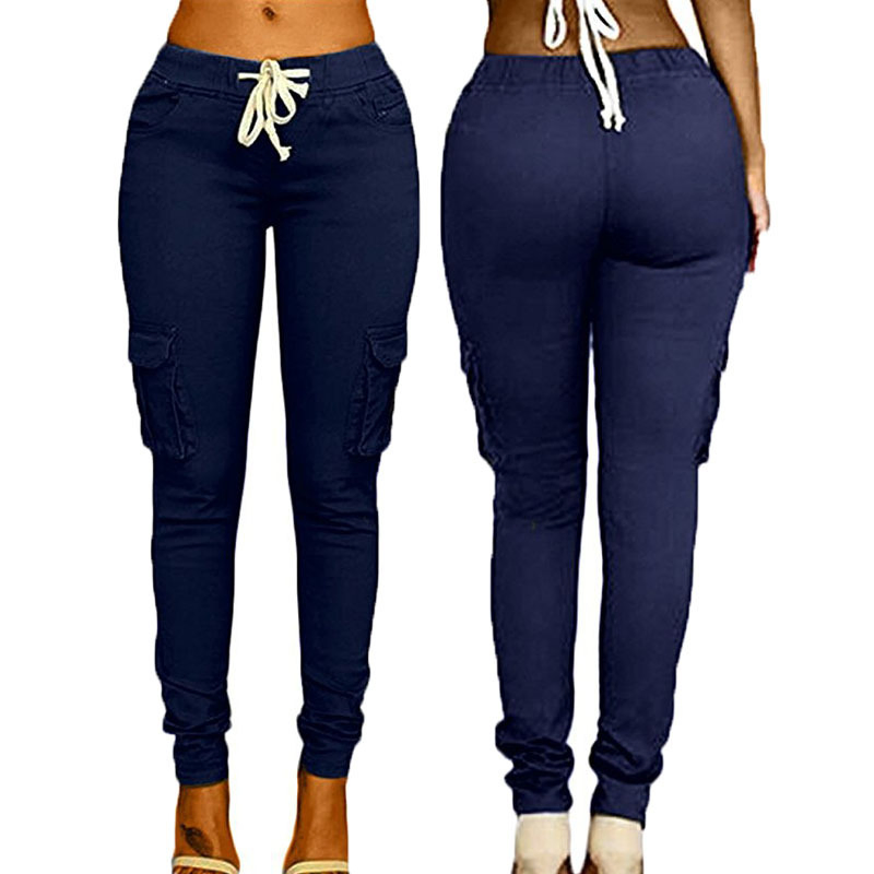 Calças Legging de Moda para Mulheres com Cordão Casual Cintura Alta Cargo Tamanho Plus Calças Longas