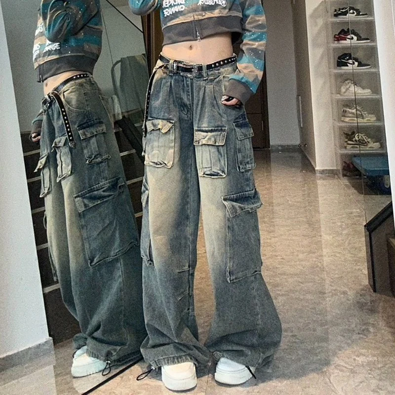 Calças femininas largas de cintura baixa para carga oversized, personalizadas, com múltiplos bolsos, jeans baggy de streetwear