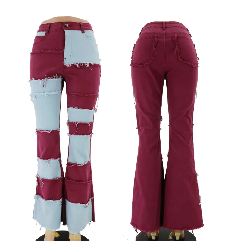 Calças Flare Skinny de Cintura Alta em Patchwork Contrastante