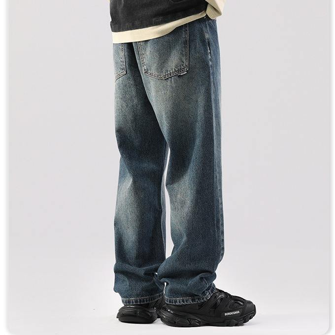 Calças largas versáteis de drapeado para homens estilo americano, tamanho grande, jeans vintage lavados estilo japonês