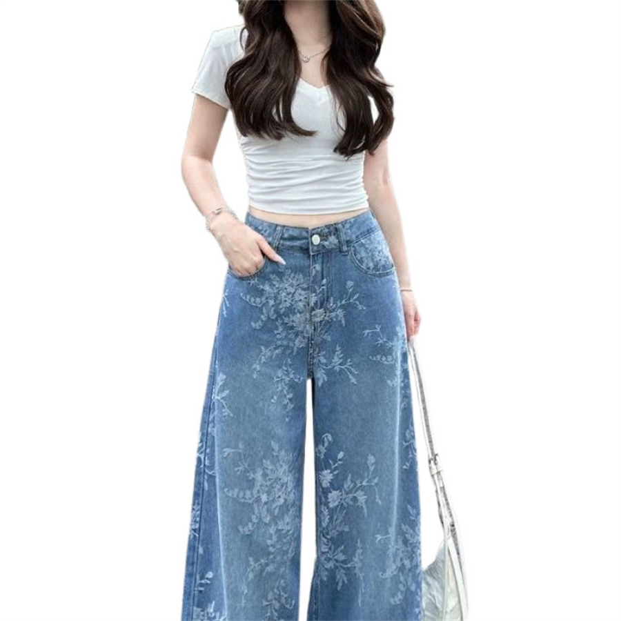 Calças de Jeans Femininas de Verão Leves com Estampa Retro, Corte Estreito, Perna Larga e Reta, com Cintura Alta, Estilo Solto e Relaxado, Comprimento até o Chão