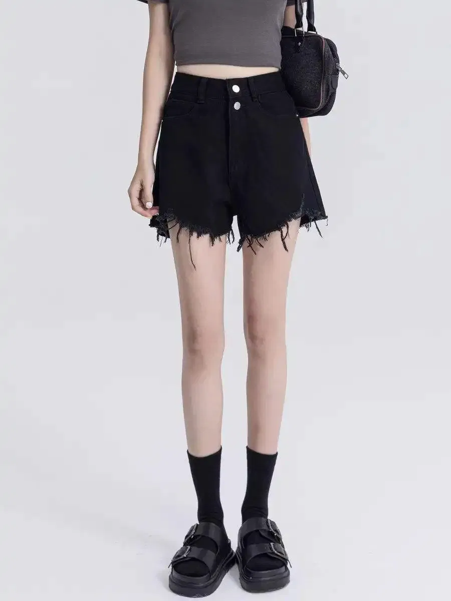 Shorts de Jeans de Cintura Alta para Mulheres, Casual, Ajuste Slim, Jeans Rasgado