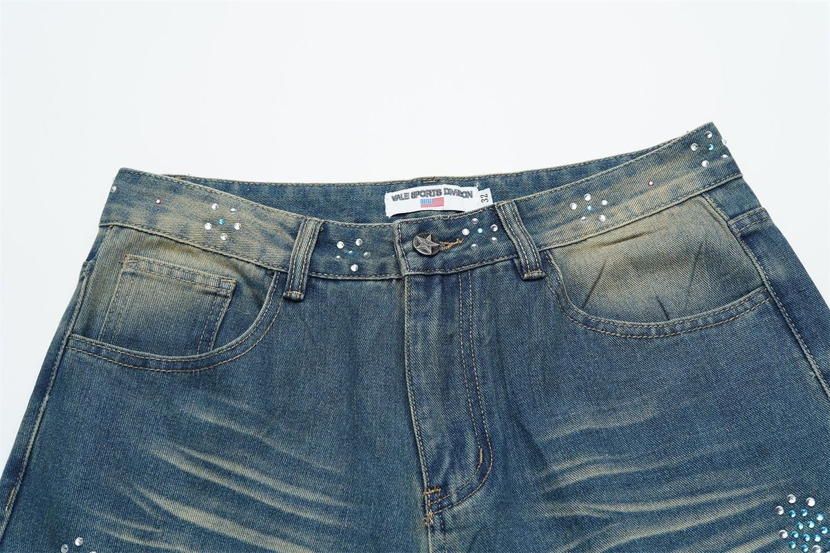 Calças Jeans Vintage de Perna Reta para Homens com Decoração de Strass Va Forever Streetwear