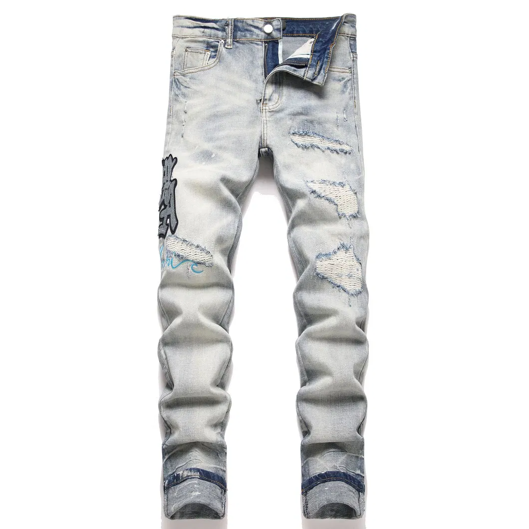 Fábrica Atacado Personalizado Logotipo de Marca Alta Qualidade Am Rasgado Azul Estrela Patches Ajuste Slim Jeans Skinny Masculinos Tendência