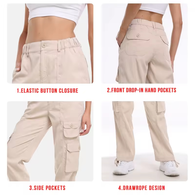 Novo Design de Calças Casuais de Trabalho Femininas de Cintura Alta, Largas e com Múltiplos Bolsos