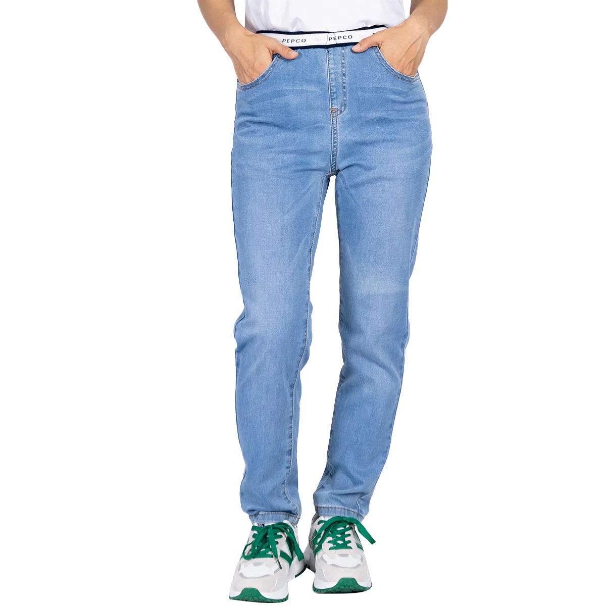 Calças skinny infantis com logo em denim lavado macio e cintura elástica