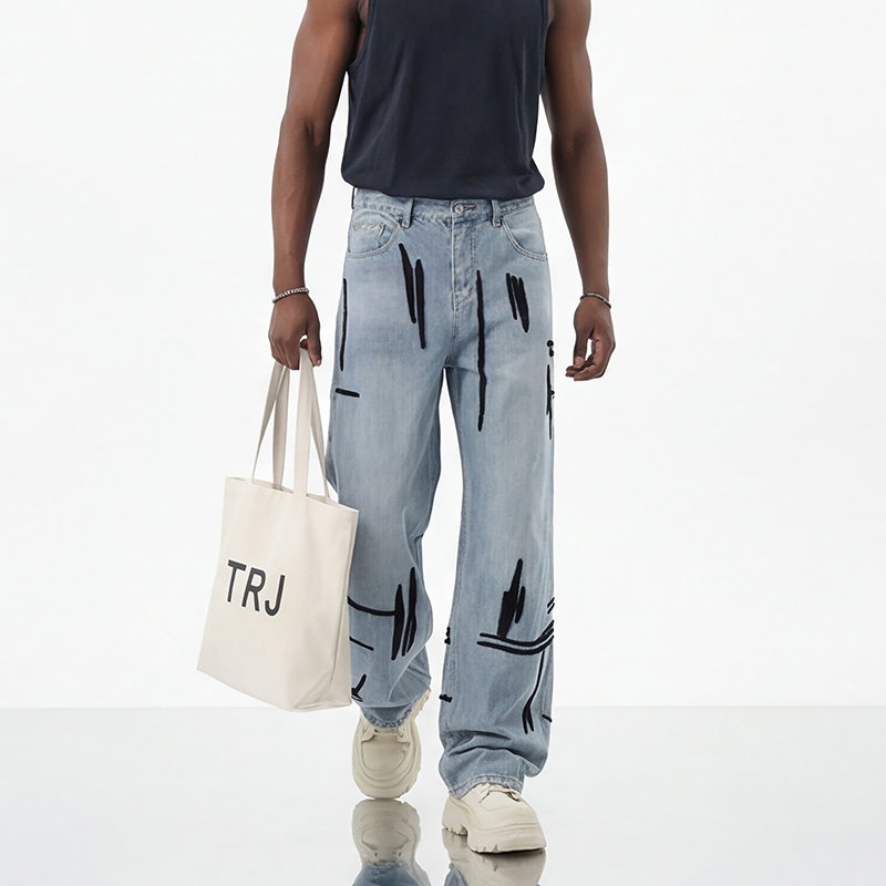 Fabricante de Jeans de Denim Masculino por Atacado Extra Largo Lavagem Enzimática Selvedge Algodão Barra Desfiada Lixado à Mão Mercado Ocidental Atacado Exportação OEM ODM Logotipo Personalizado
