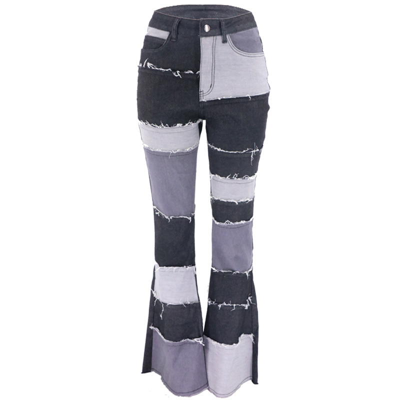 Calças Flare Femininas de Cintura Alta com Barra Desfiada, Jeans de Denim Skinny