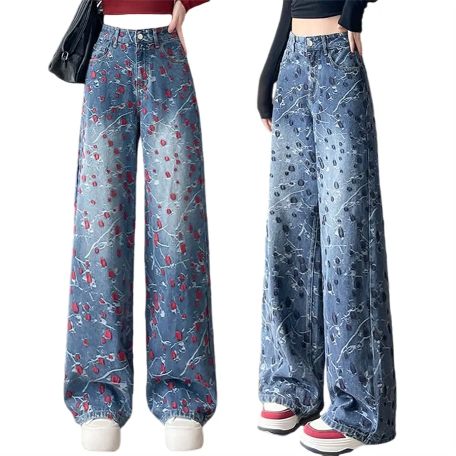 Calças de Denim Femininas de Largura Larga com Estampa Batik em Gradiente de Cores da Primavera e Outono, Design Relaxado com Corte Reto e Comprimento até o Chão
