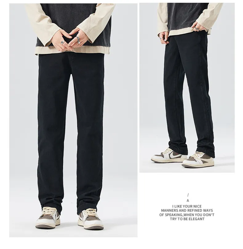 Calças Casuais Masculinas Jeans Pretos Stretch de Cintura Alta, Soltas e Afinadas