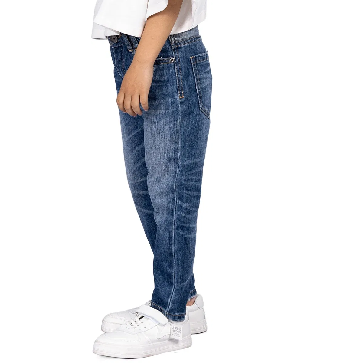 Calças jeans de denim para meninas personalizadas, azul escuro, macias, de algodão, com spray, boa venda