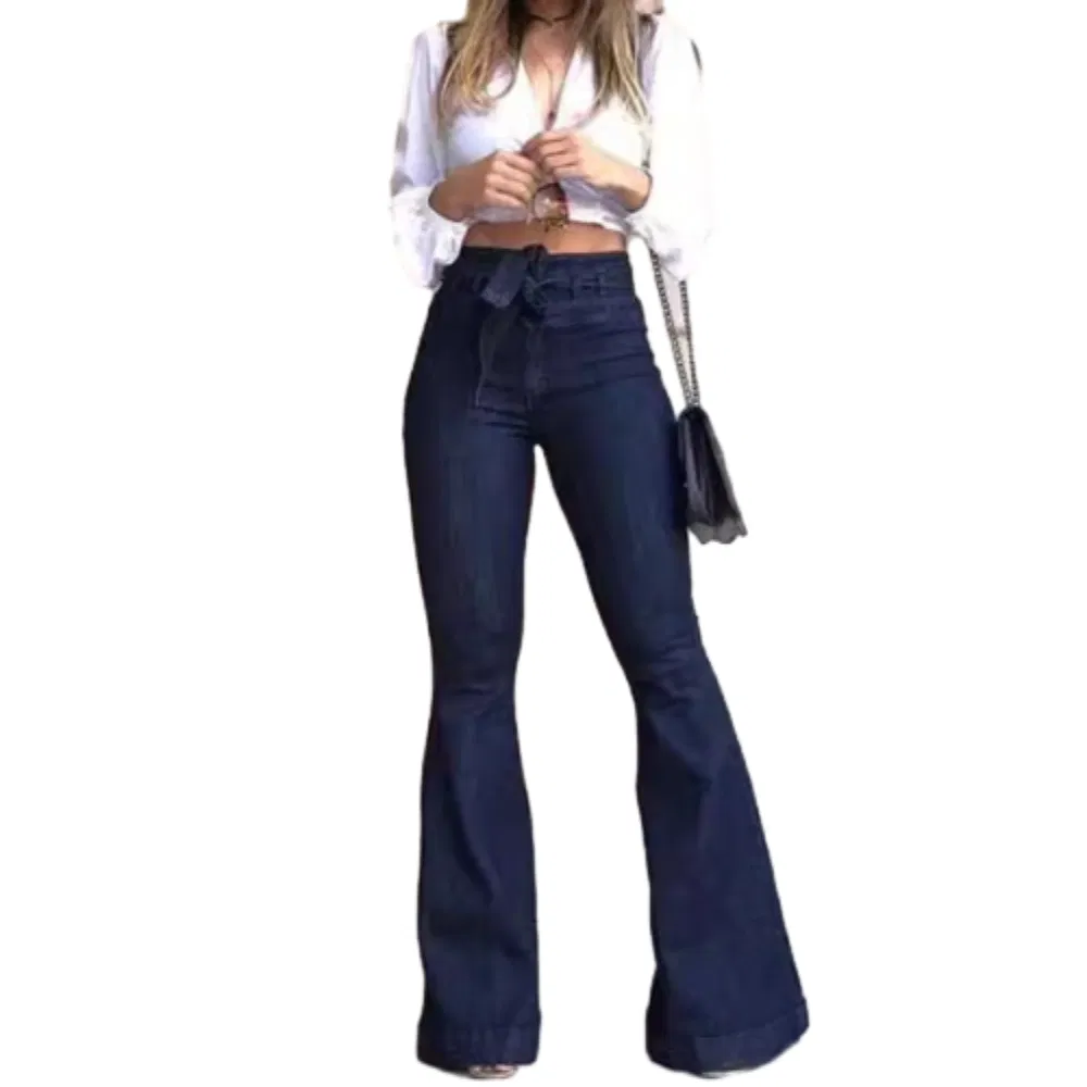 Melhores Vendas Atacado Único Lisonjeiro Jeans Flare Preto de Cintura Alta Calças de Moda Distintiva
