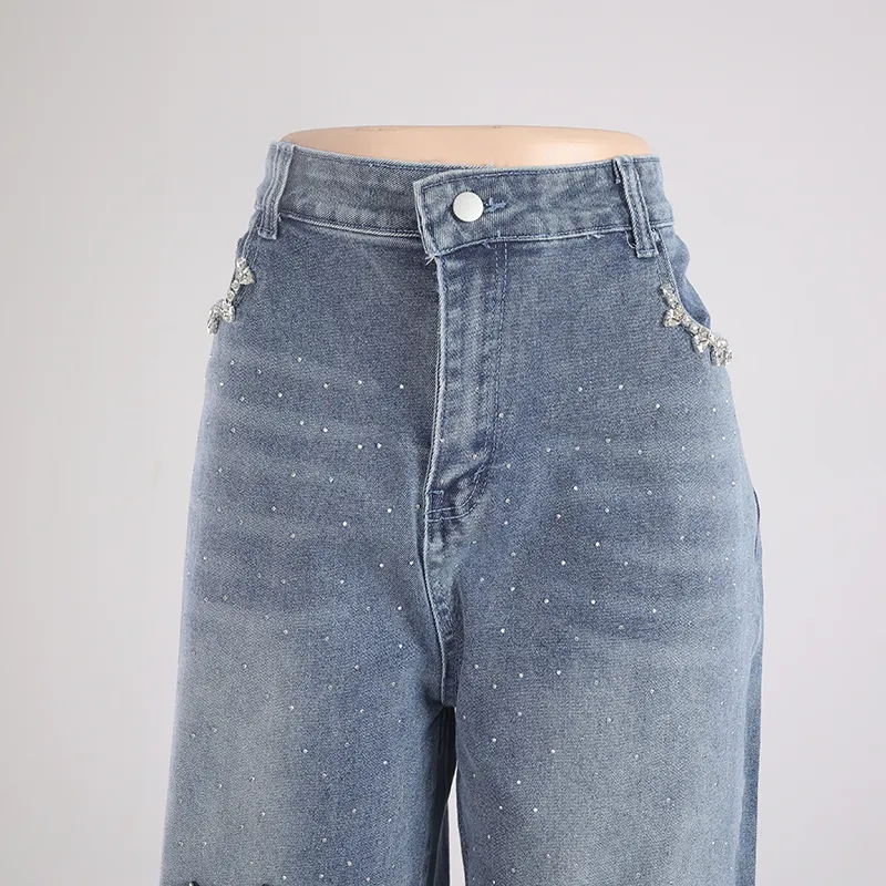 Calças de Jeans Femininas Ripped Slim Sexy com Padrão em Forma de Coração para Mulheres com Perna Reta