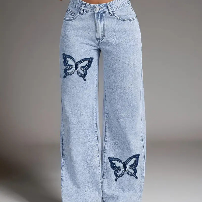 Jeans flare femininos personalizados de alta qualidade com bordado, confortáveis e de denim respirável