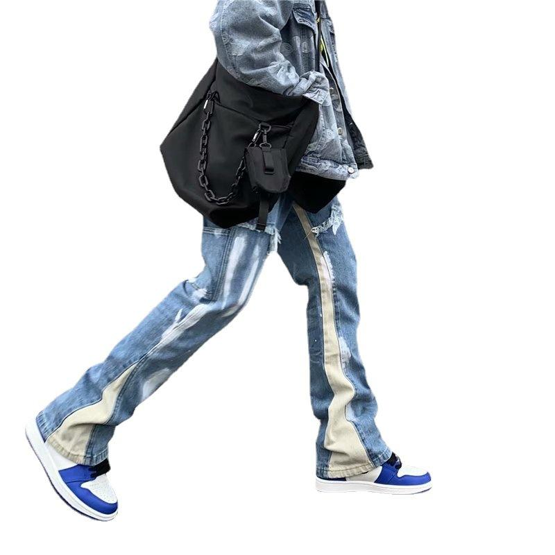Calça Jeans Masculina Micro Flare com Pintura Desgastada à Mão e Costura, Estilo Personalidade, Corte Reto e Solto em Denim