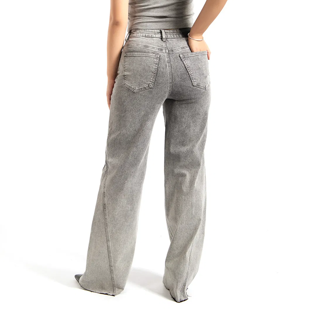 Calças de Jeans Cinza de Cintura Alta para Mulheres, Modelo Wide Leg, Ajuste de Mãe, Tecido Denim
