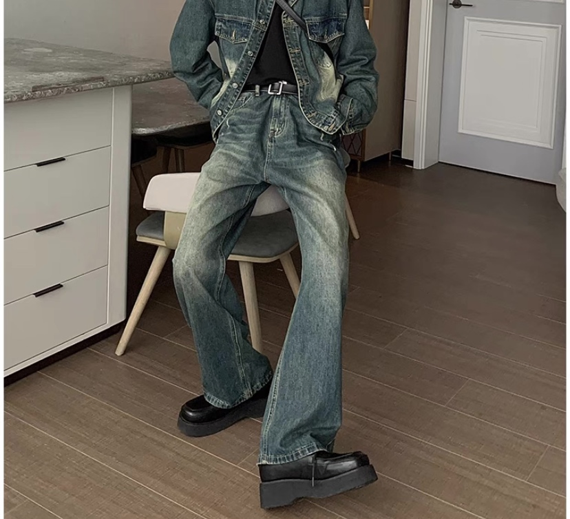 Calças Jeans Masculinas de Alta Qualidade, Perna Larga, Lavadas, Cor Azul, Denim para Homens