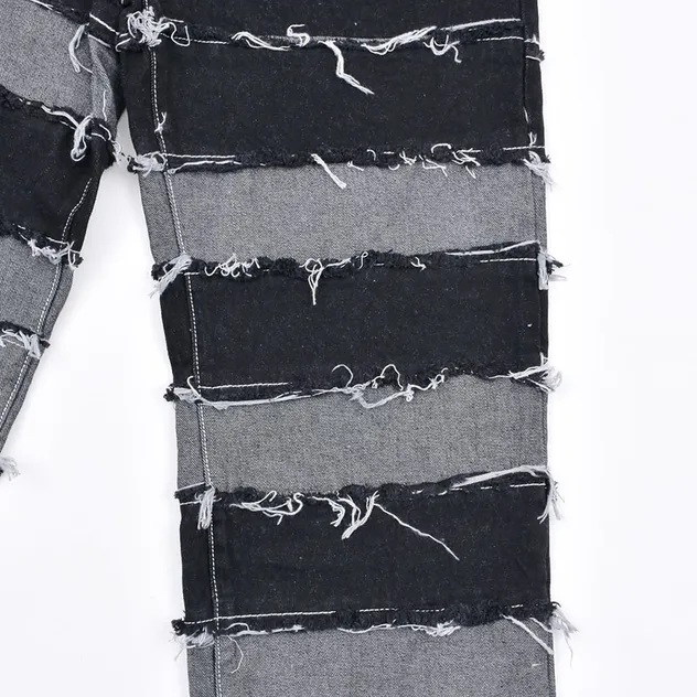 Calças jeans skinny de denim preto em patchwork listrado com acetato para homens