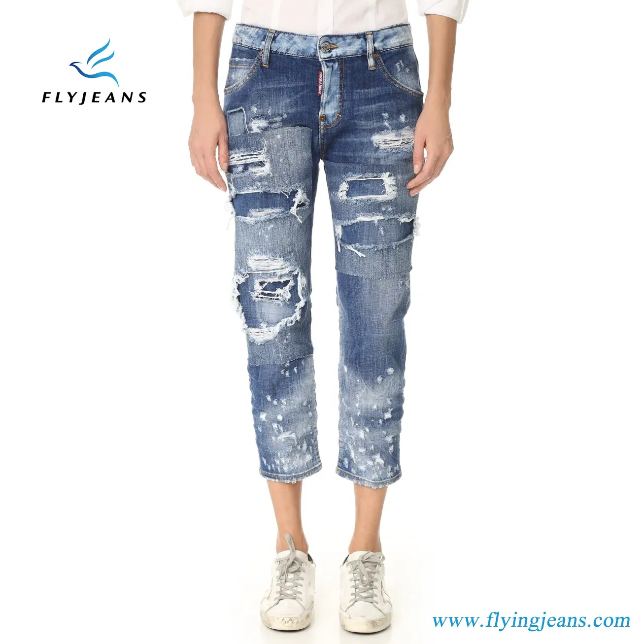 Moda jeans desfiado corrigidos e desgastada Jeans recortada para senhoras e Mulheres