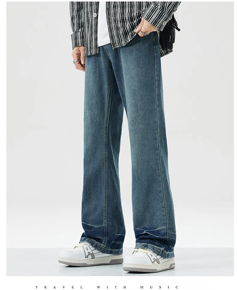 Calças largas de cintura alta estilo americano, jeans retro levemente flare para homens, calças de denim em branco para casais