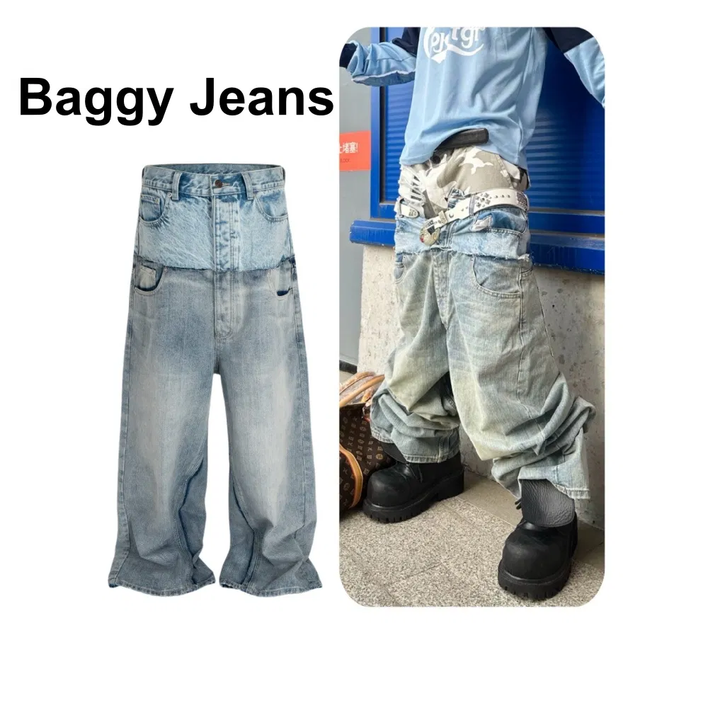 Calças de denim unissex de cintura dupla, tendência acid wash, baggy, streetwear, desbotadas, rasgadas, de perna larga para homens e mulheres com bordado