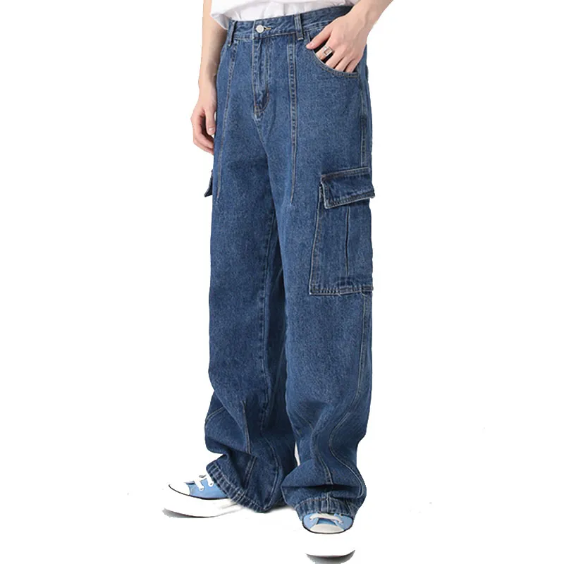 Homens Moda Vintage Atacado Casual Jeans Cargo Azul Largura de Algodão Lavado