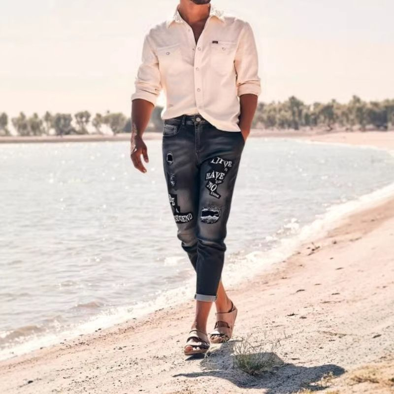 Jeans Casuais Masculinos Estilo Desgastado com Letra Única