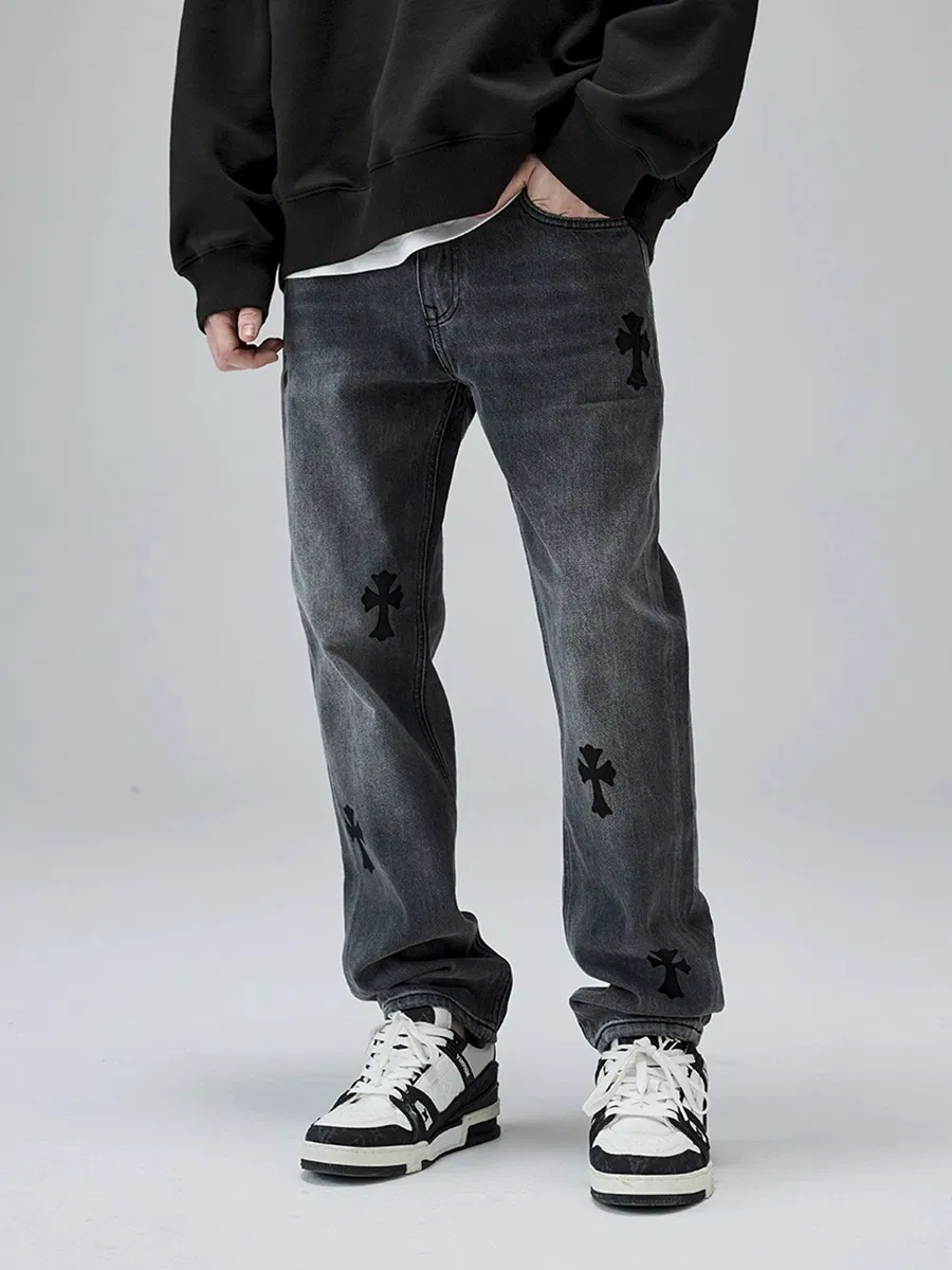 Jeans de Denim com Bordado, Lavagem, Corte Reto e Relaxado para Homens