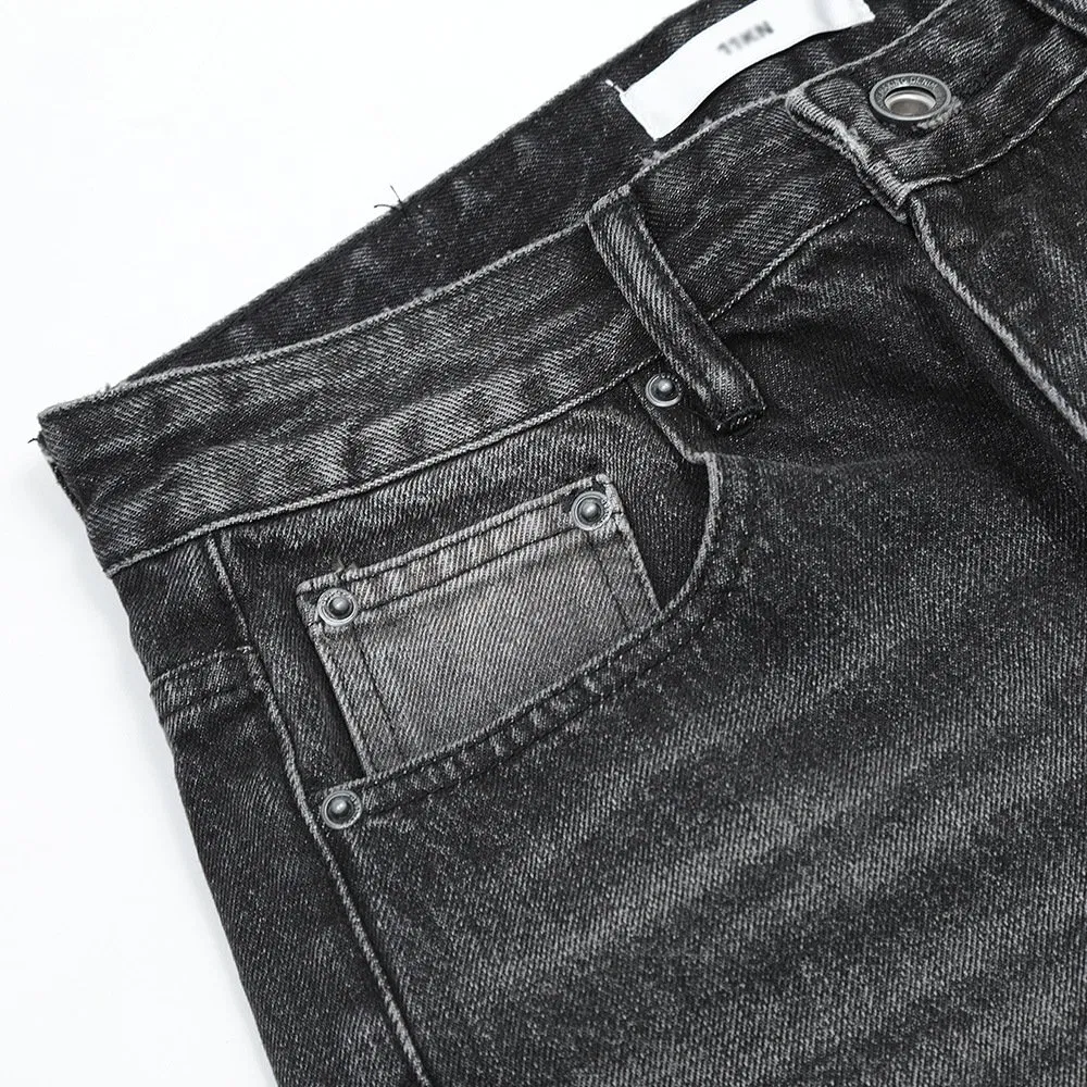 Calça casual masculina preta de algodão solta e larga, calça jeans denim original de fábrica