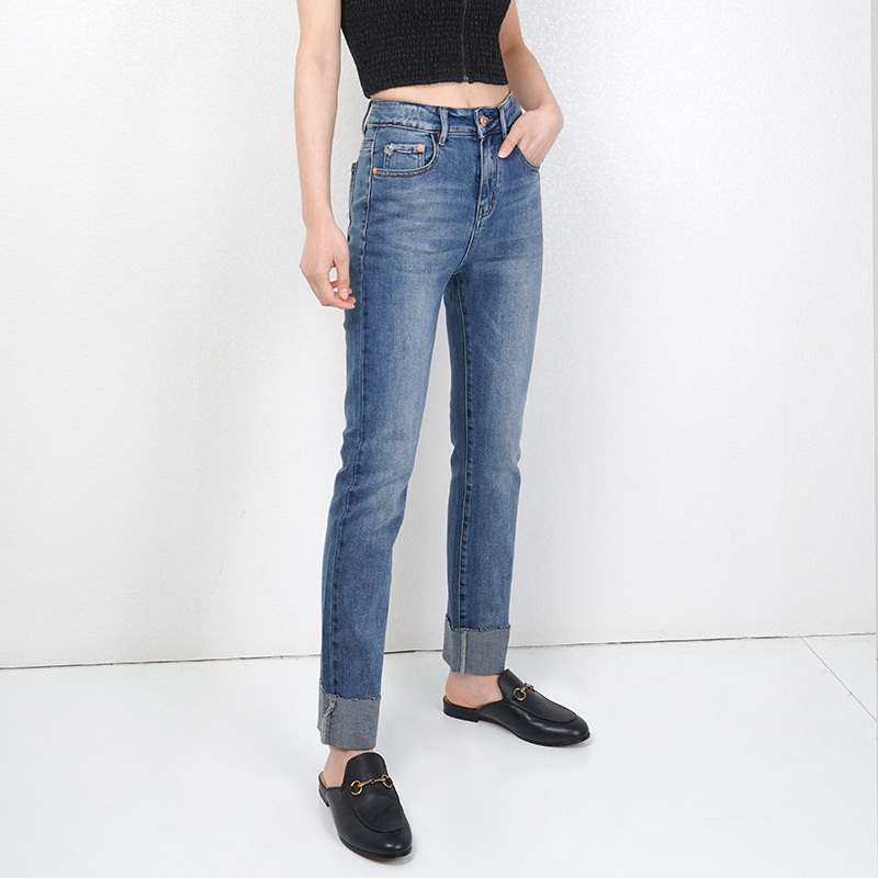 Calças Jeans Femininas Novas de Lã Velha de Cintura Alta Média Azuis Fashion Retas Lavadas