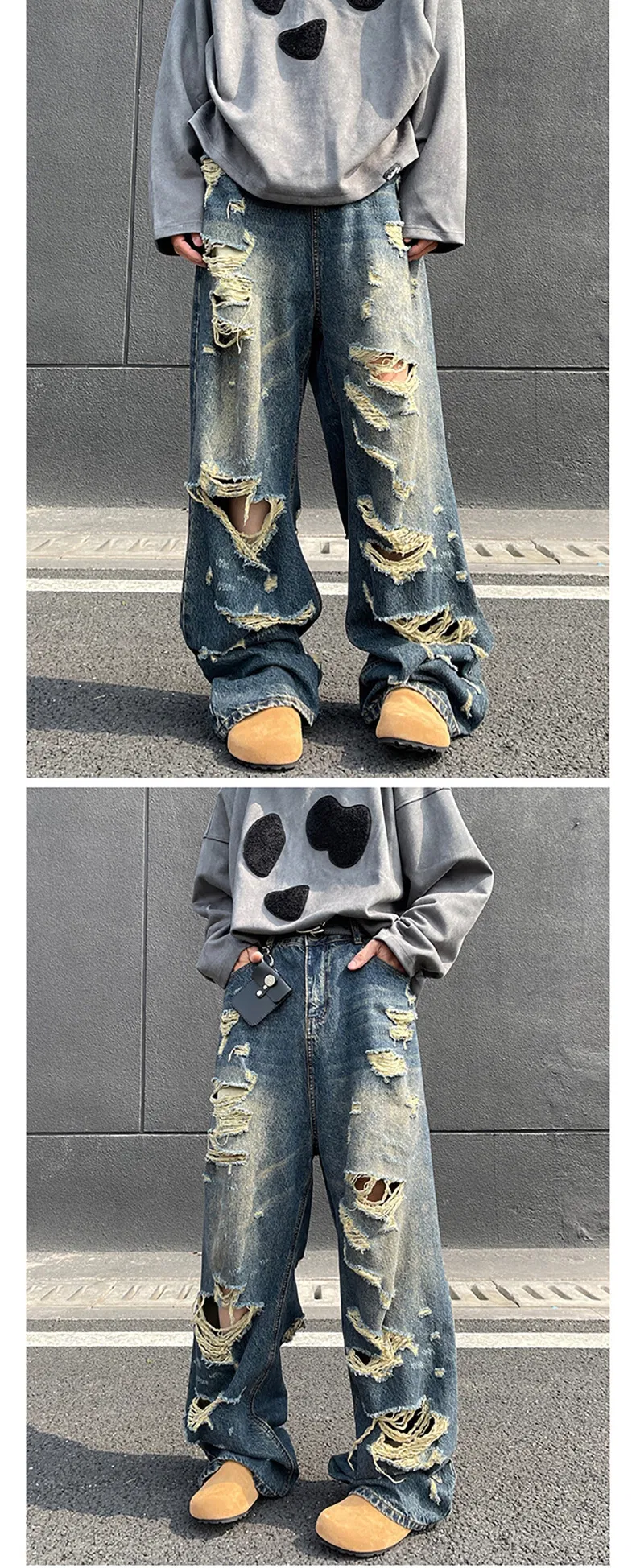 Calças Casuais de Corte Reto Largas com Design de Rua, Jeans Desgastados com Furos Negados