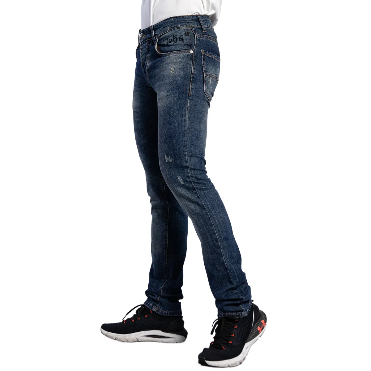 Jeans casuais masculinos de design rasgado em denim azul lavado europeu e fashionável