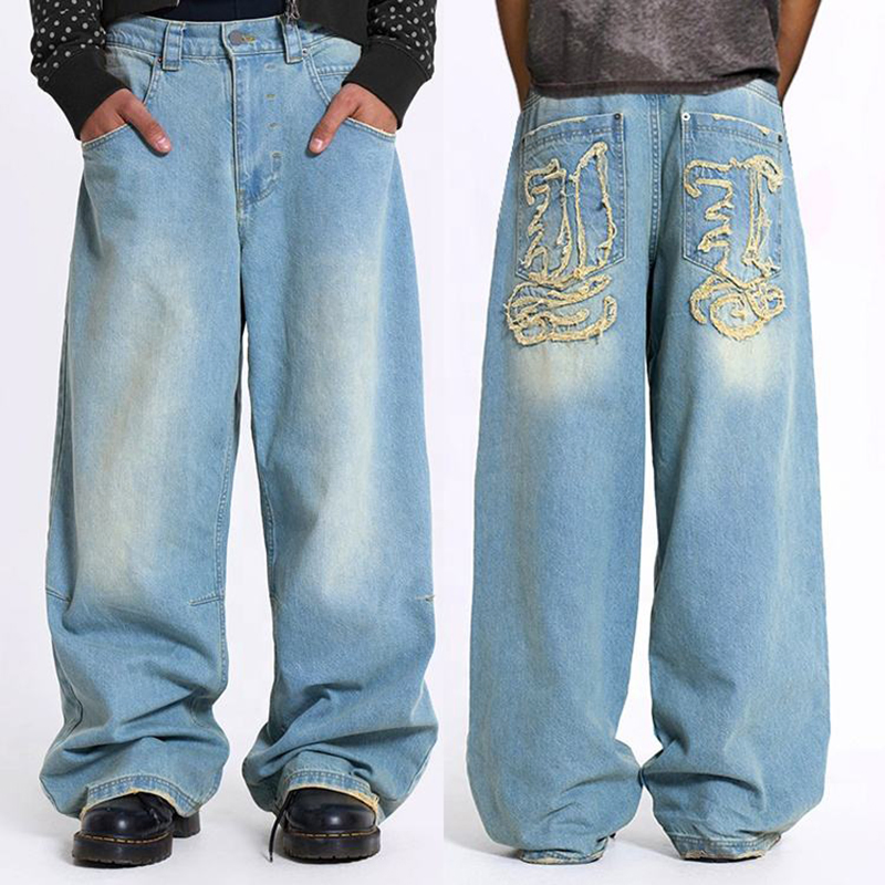 Calça Jeans Masculina Baggy de Lona com Patches de Couro Personalizados, Lavada, de Perna Larga, Moda, Jeans Reto, com Bordado em Aplique