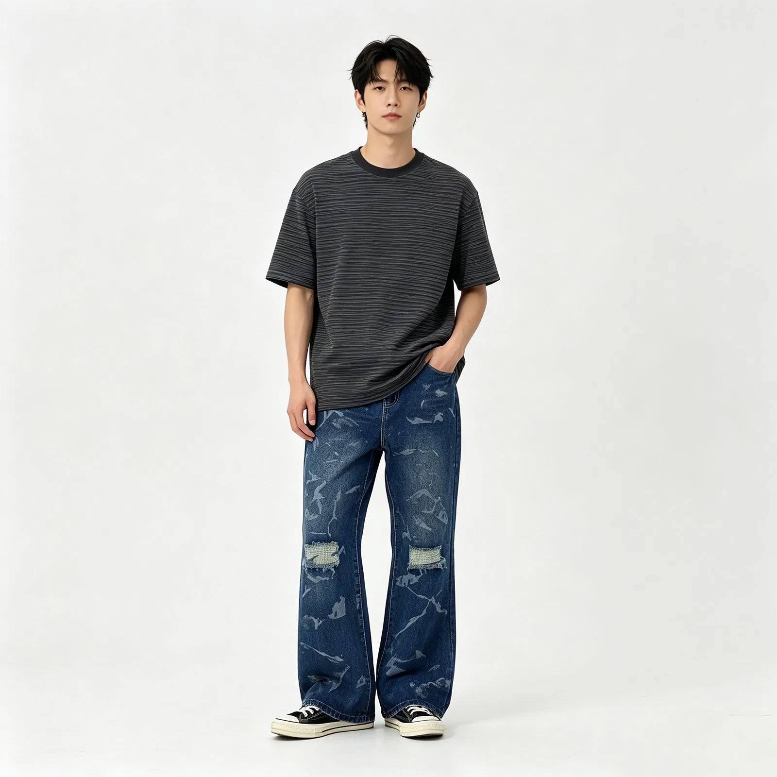 Calças largas vintage personalizadas com aplique de chamas e bordado, calças de denim baggy para homens, jeans góticos desgastados e distorcidos para moda de rua