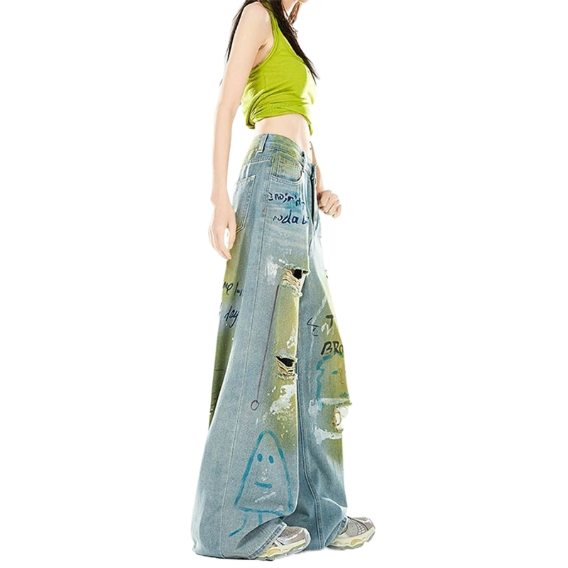 Verão Novo Estilo Impressão de Letras Design Relaxado Único Ajuste Solto Calças de Mendigo Calças de Denim Femininas Jeans Femininos Calças Rasgadas