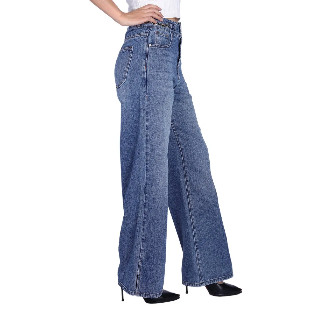 Calças jeans boyfriend mom de cintura alta em denim azul médio, largas e retas para mulheres