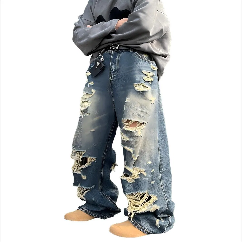 Calças Casuais de Corte Reto Largas com Design de Rua, Jeans Desgastados com Furos Negados