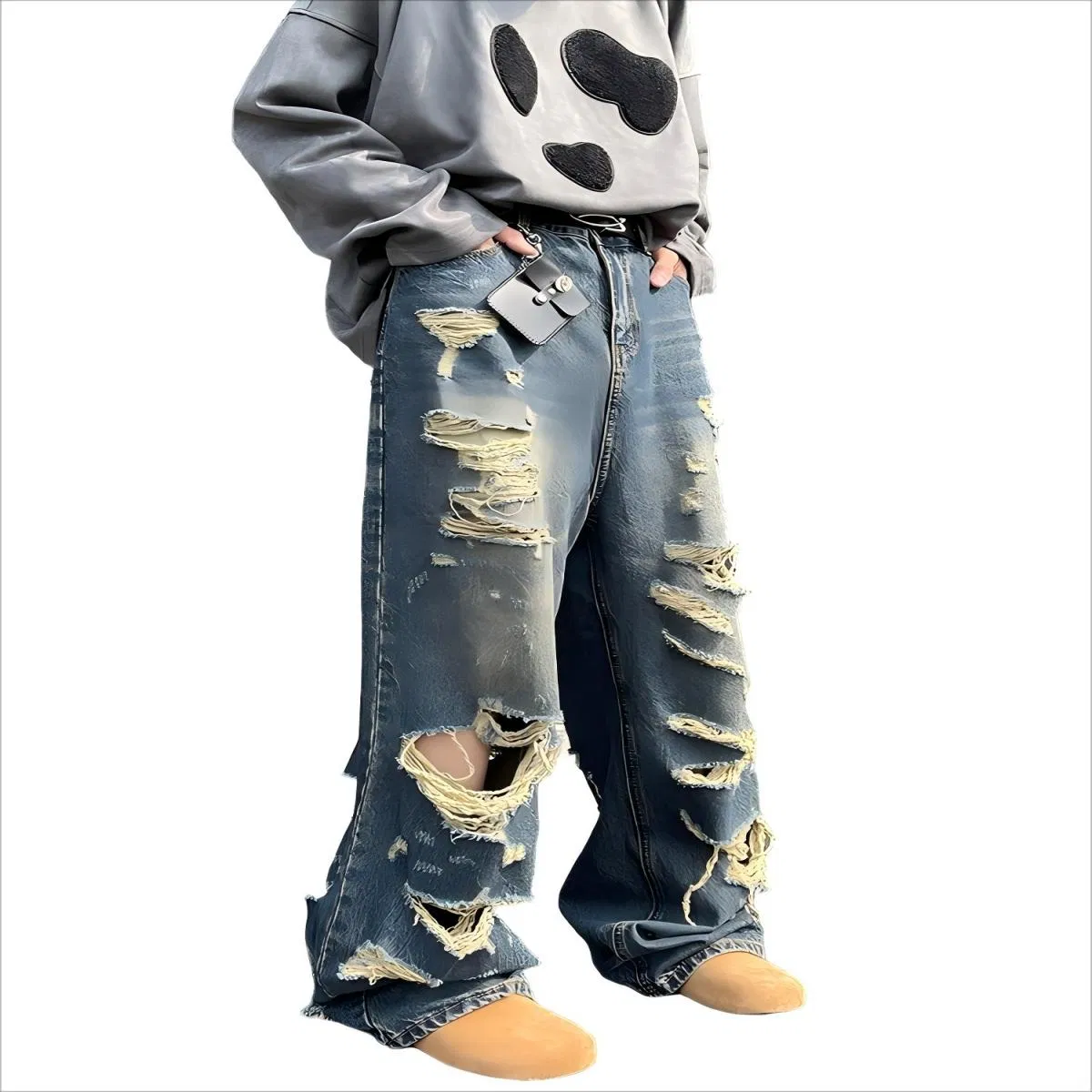 Calças Casuais de Corte Reto Largas com Design de Rua, Jeans Desgastados com Furos Negados