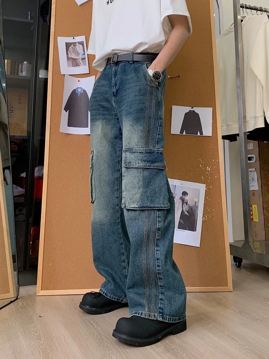 Calças casuais largas retas com bolsos grandes, macacão de denim para homens
