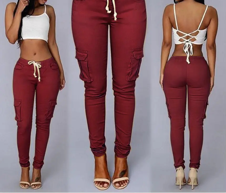 Calças Legging de Moda para Mulheres com Cordão Casual Cintura Alta Cargo Tamanho Plus Calças Longas