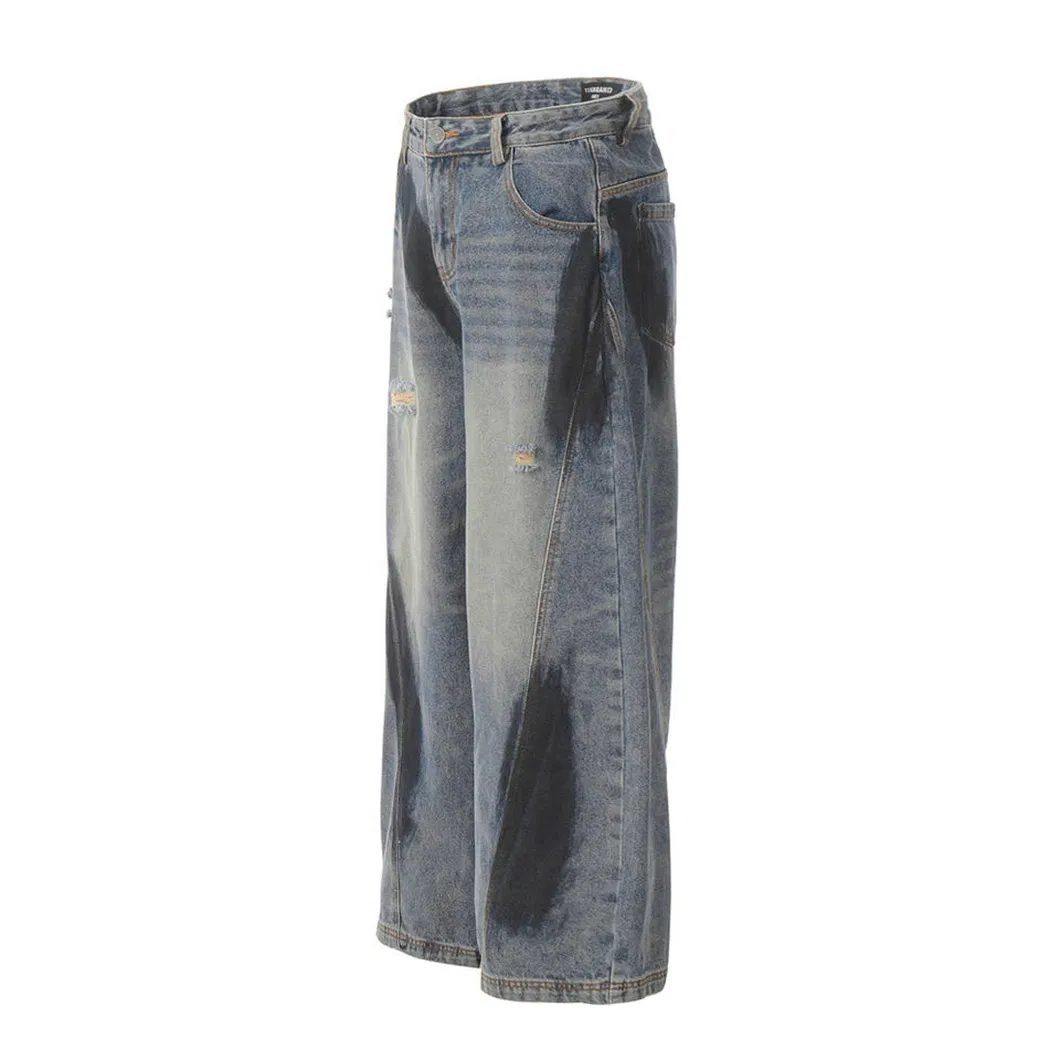 Calças de Jeans Largas de Cintura Alta com Acabamento Vintage Esfregado, Estilo Streetwear Moderno, Calças Masculinas Largas