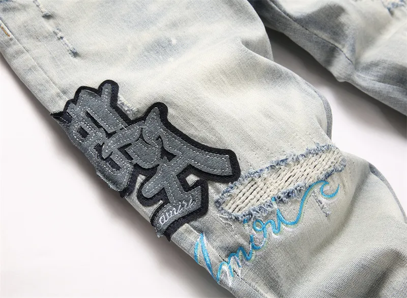 Fábrica Atacado Personalizado Logotipo de Marca Alta Qualidade Am Rasgado Azul Estrela Patches Ajuste Slim Jeans Skinny Masculinos Tendência