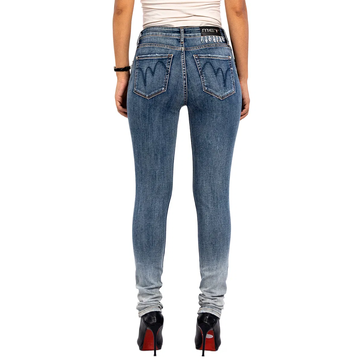 Calças de Denim Skinny de Cintura Alta com Renda Desfiada em Gradiente Azul para Mulheres