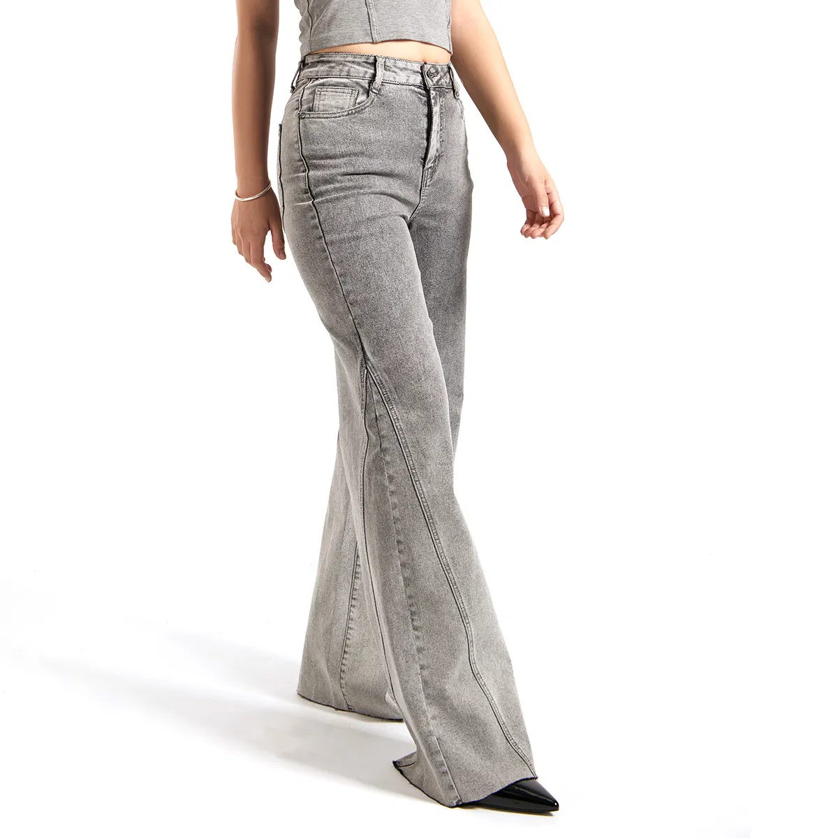 Calças de Jeans Cinza de Cintura Alta para Mulheres, Modelo Wide Leg, Ajuste de Mãe, Tecido Denim