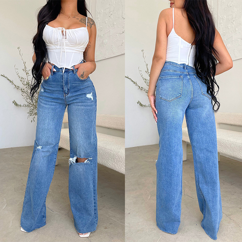 Calças de Jeans Femininas Atacado, Calças para Mulheres, Jeans Rasgado com Barra Desfiada, Moda Feminina, Jeans Baggy