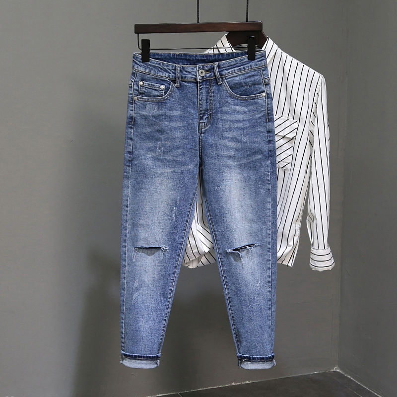 Calças Jeans Masculinas Ajustadas Stonewashed Vintage Respirável de Cintura Média e Perna Reta
