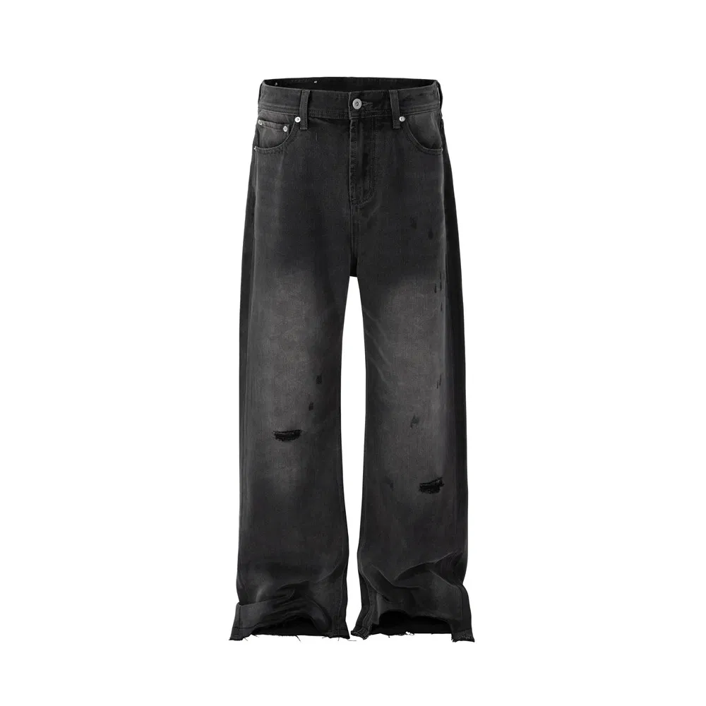 Calças jeans masculinas baggy de flare plus size, com aplicação de resina azul vintage, lavagem à mão e acabamento desgastado