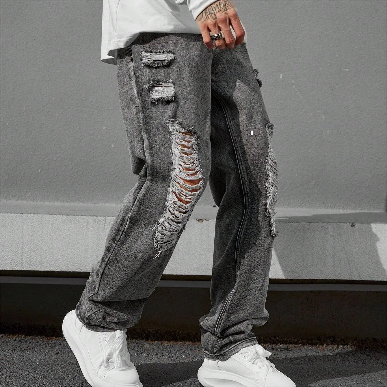 Fábrica OEM de Alta Qualidade Calças Cinzas Streetwear Roupas Baggy Personalizadas Jeans Masculinos Rasgados Ajuste Solto Cinza