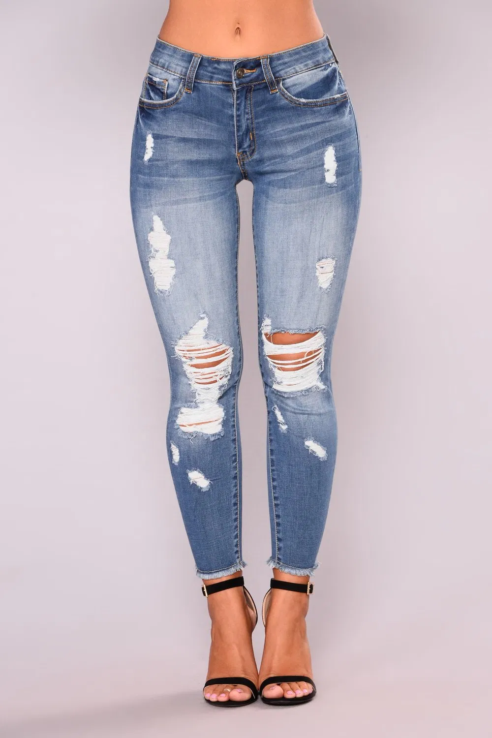 Calças cargo rasgadas femininas personalizadas, jeans slim stretch em denim